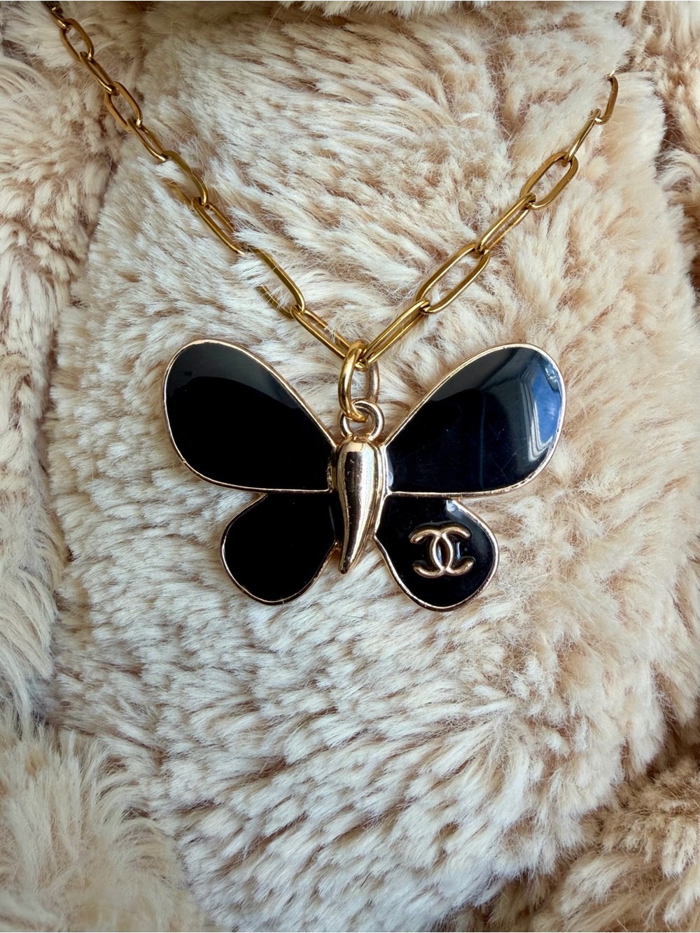 Upcycled Butterfly Pendant Necklace with Black Enamel